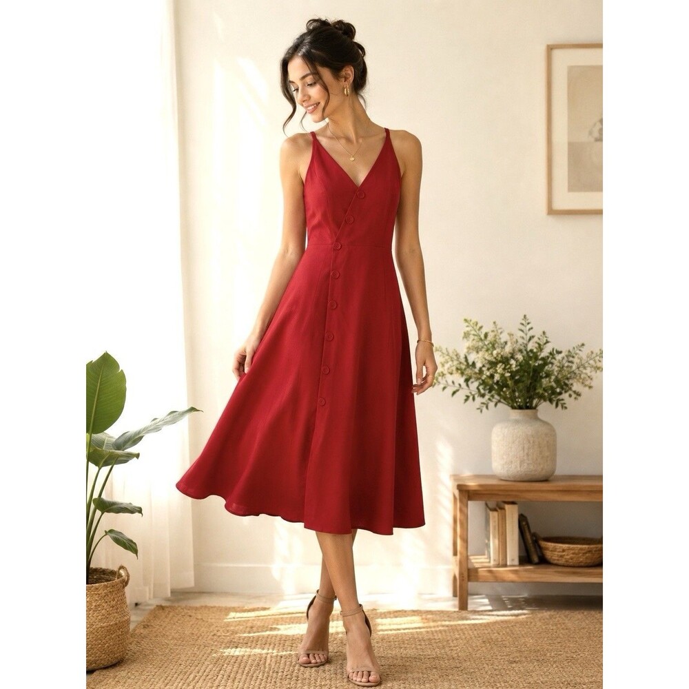 Dress The Population Emily  Red Midi Dress M Asymmetrical Front Button Cocktail